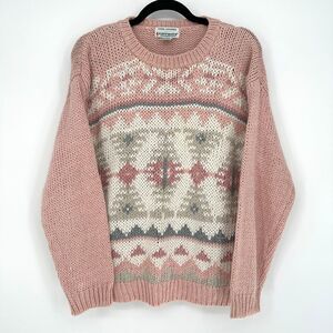 Vintage Currants Womens Knit Sweater Size L Pink Hand Loomed Fair Isle Icelandic